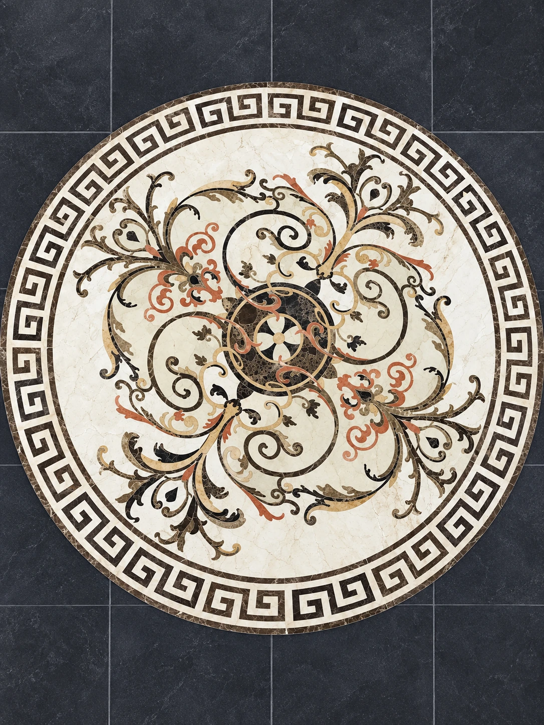 Medalion decorativ multicolor realizat prin debitare waterjet din piatră naturală